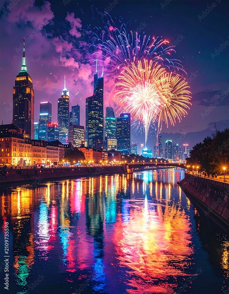 Fototapeta premium Fireworks over the modern city skyline illuminated at night with vibrant reflections on the river water during new year celebration