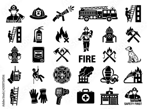 Firefighter Icons Set: Emergency Services, Rescue, Safety Equipment, Fire Truck