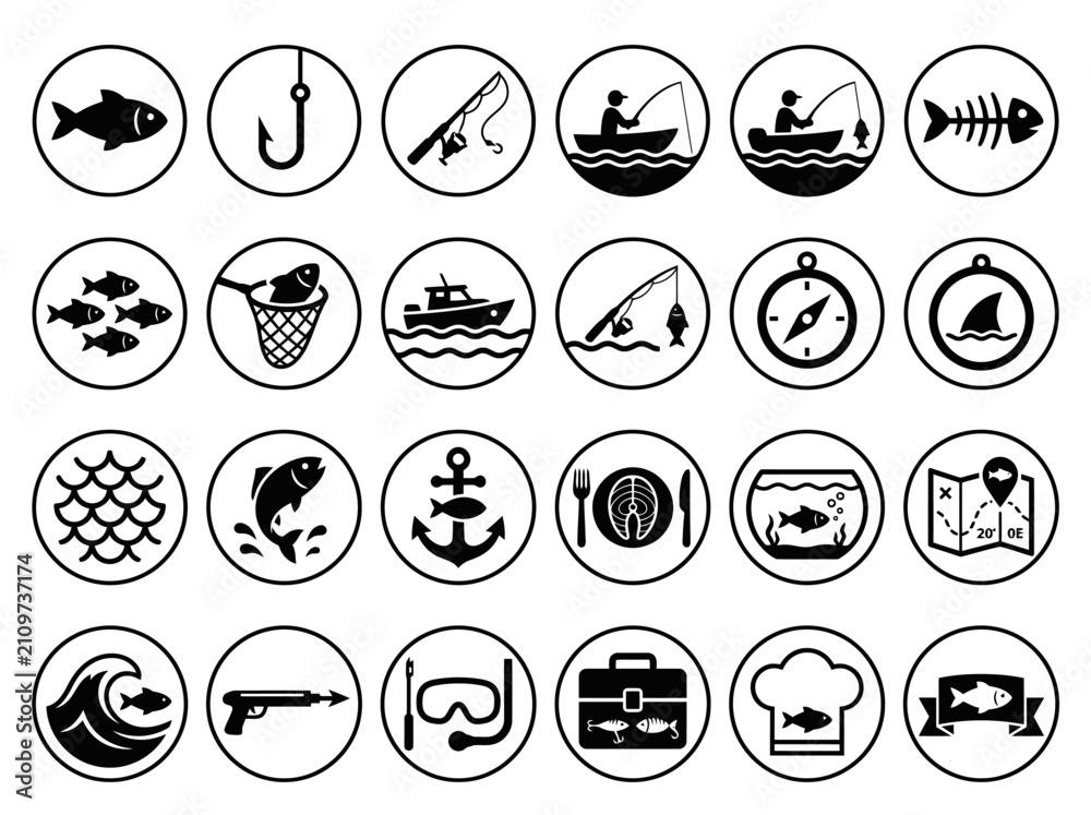 Fototapeta premium Fishing Icons Set: Vector Illustrations of Angling and Aquatic Activities