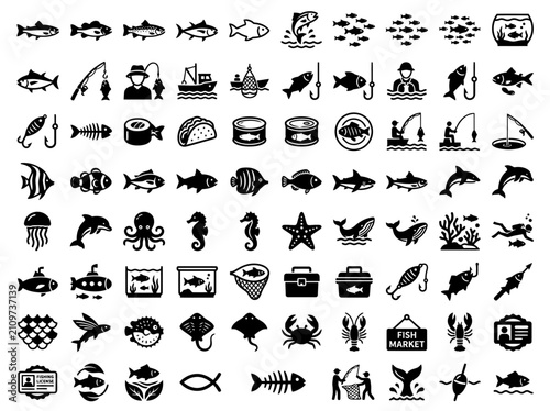 Photography Fishing Icons Set: Fish, Fishermen, Boats, Seafood, Marine Life & More