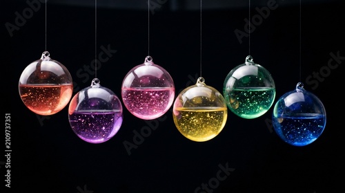 Colorful hanging glass spheres with liquid and glitter on black
