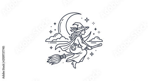 Obraz na płótnie Witch Flying on Broomstick Line Art Illustration