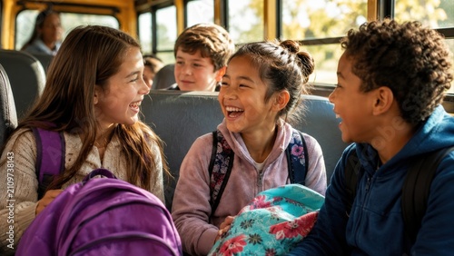 School Friends Laughing Together During Bus Ride