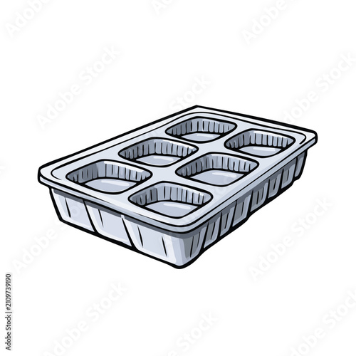 Empty six compartment disposable food tray with patterned sides and rounded corners
