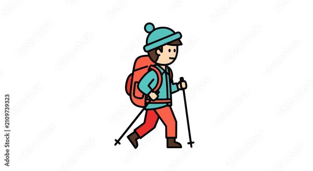 Fototapeta premium Adventurous boy hiking with backpack and trekking poles