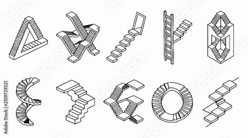 A collection of ten isometric line art illustrations featuring various impossible and architectural staircase designs.