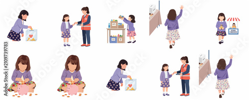 Foto Little girl participating in various charity activities, donating money and food