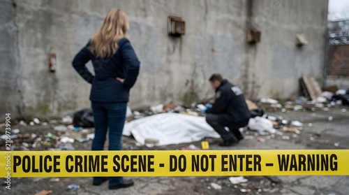 Police and forensic investigators at a crime scene with a covered body and yellow warning tape.