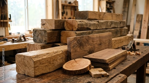 Rough Hewn Lumber Stacked in Woodworking Workshop