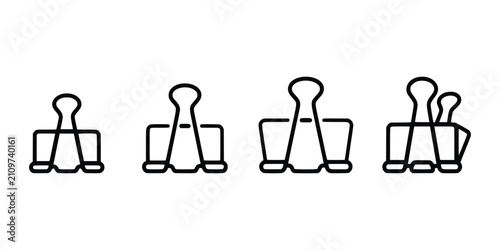 Foto Collection of binder clips line icons for office stationery and document organization in four variations of paper clamps