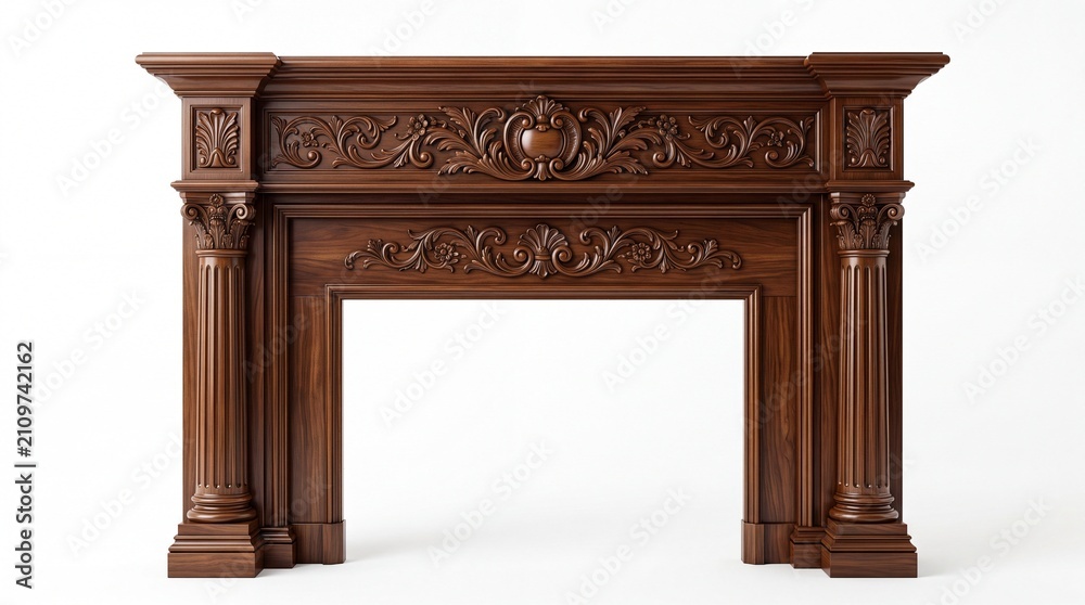 Obraz premium Intricately carved dark walnut wooden fireplace mantel featuring ornate classical columns and floral motifs on white background