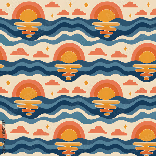 Retro ocean sunset wave seamless pattern with coastal seventies style