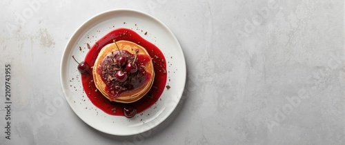 Canvastavla Stack of Pancakes Topped with Cherry Sauce on a White Plate