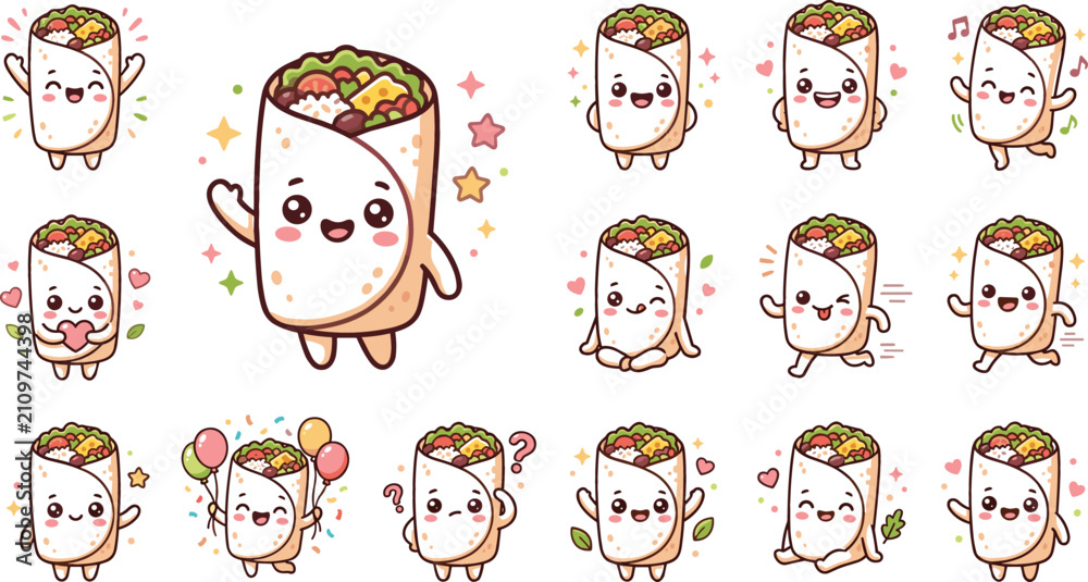 Obraz premium Cute cartoon burrito character sticker set with various facial expressions and emotions for Mexican restaurant menus and creative food marketing