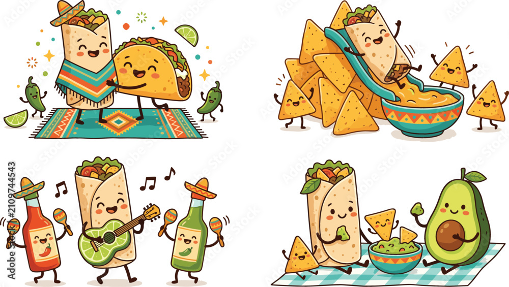 Fototapeta premium Cute cartoon burrito and taco character illustration set with nacho chips, avocado, and hot sauce for Mexican fiesta restaurant marketing designs