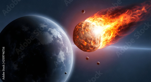 Burning Asteroid Approaching Planet in Deep Space Illustration