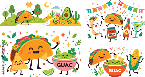 Cute Mexican food cartoon characters celebrating with taco burrito guacamole hot sauce corn and chips for festive restaurant menu graphic design elements