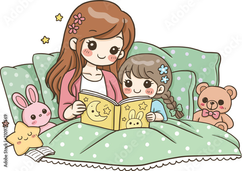 Cute Mother Reading Bedtime Story to Daughter Clipart Mother's Day Kawaii Family Cartoon