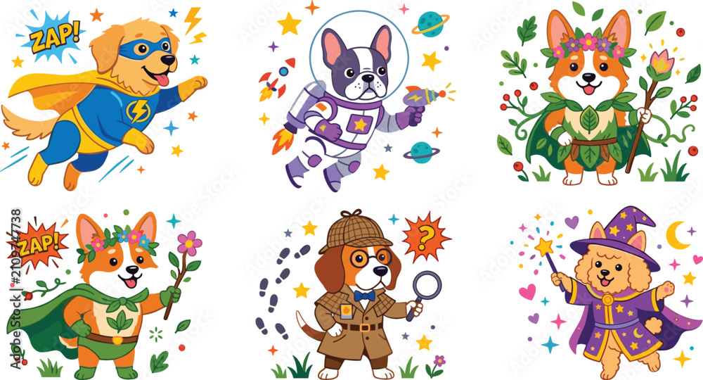 Fototapeta premium Cute puppy dog cartoon character sticker set featuring superhero astronaut wizard corgi elf and detective for children school education graphic design elements