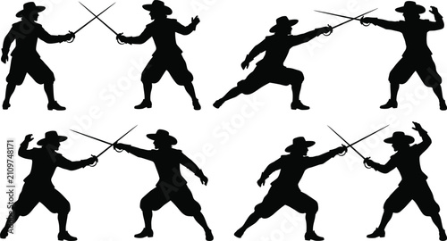 Foto Musketeer duel silhouettes, medieval swordsmen fighting icons, historical rapier combat, fencing warrior poses, musketeer battle scene, sword fight action