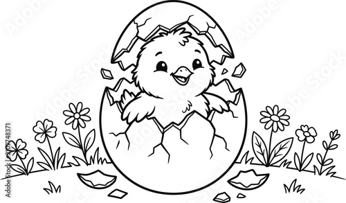 Foto Cute easter chick hatching inside broken eggshell coloring page for kids vector