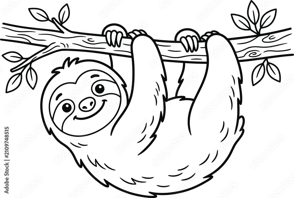 Fototapeta premium Cute sloth hanging upside down on tree branch coloring page for kids vector line art