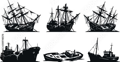 Foto Old abandoned shipwreck, broken sailing vessel silhouettes, destroyed cargo ship ruins, oceanic maritime disaster, sunken boat icons, isolated sea