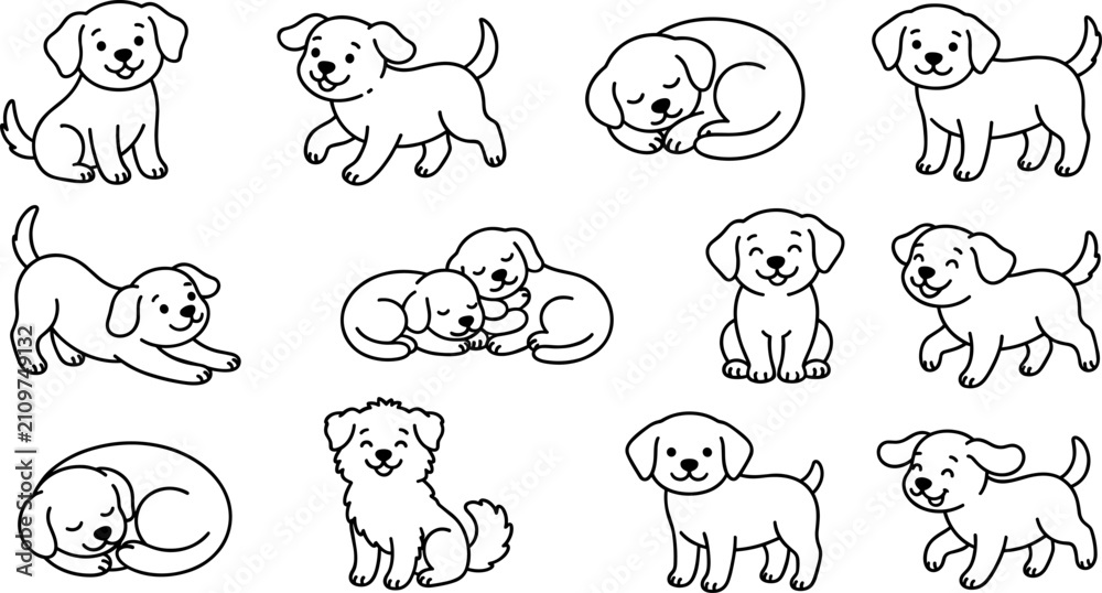 Fototapeta premium Collection of cute puppy dog illustrations showing various daily poses with illustration