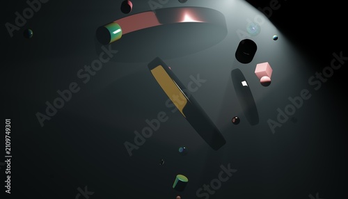 Foto Floating metallic shapes caught in a dramatic spotlight beam