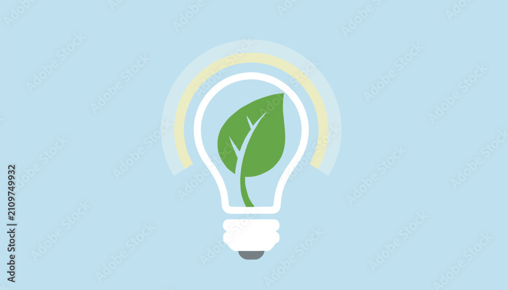 Fototapeta premium Concept of green clean energy showing a single green leaf glowing inside a bright light bulb with a rainbow light halo.