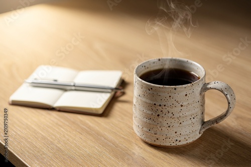 Steaming Coffee Mug on Desk Warm Cozy Beverage Studio Shot