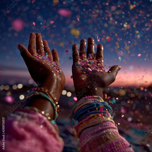 Person with colorful confetti falling into hands during an outdoor festive