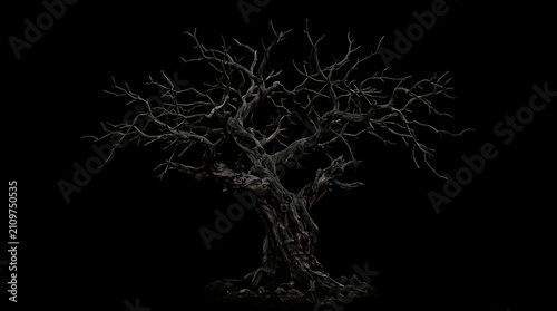 Spooky dead tree silhouette isolated on black background