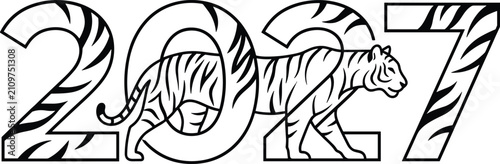 Canvas Print Minimal Line Art Tiger Concept New Year 2027 Typography Vector