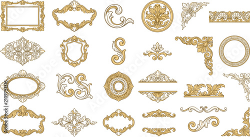 Golden vintage baroque ornament vector collection featuring ornate borders corners luxury frames and filigree scrolls for premium wedding invitation design layouts
