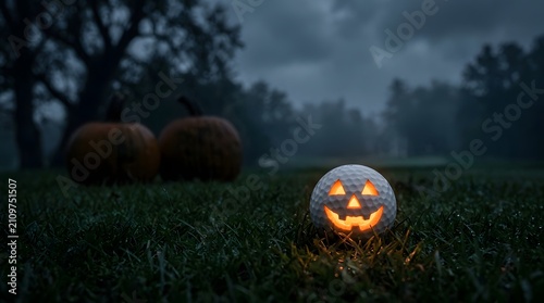 Small glowing jackolantern golf ball on a dark grassy field at night