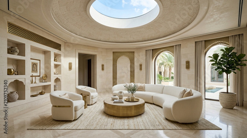 Luxurious modern Arabic living room with skylight and indoor plants