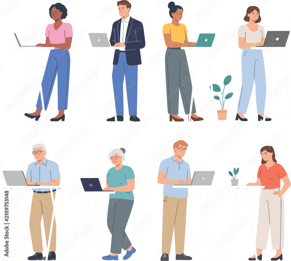 Obraz premium People working on laptops vector collection, flat design remote workers and business team illustration