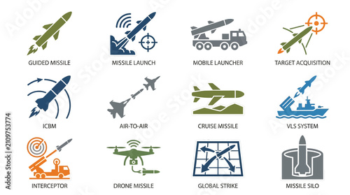 Set of military missile and weapon system vector icons.