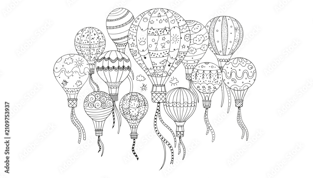 Fototapeta premium Intricate black and white line art illustration of multiple hot air balloons with beautiful patterns for coloring book.