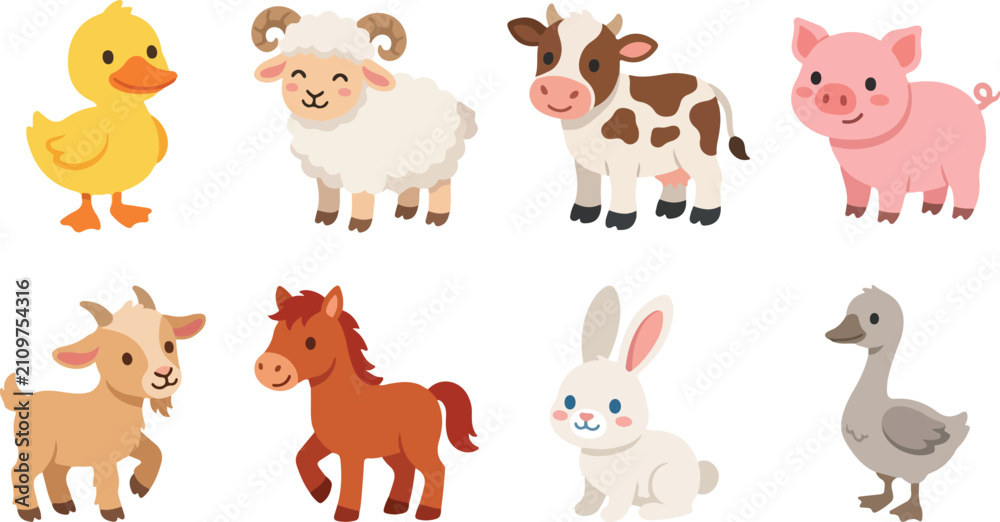 Fototapeta premium Cartoon farm animal vector illustrations featuring duck, sheep, cow, pig, goat, horse, rabbit, goose, and playful educational designs