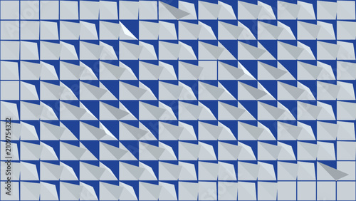 A precise grid pattern of blue and white geometric forms with a layered, folded paper effect and a central focus, presented as an abstract graphic design.
