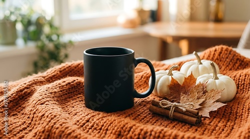 Black coffee mug on orange knit sweater with mini pumpkins and cinnamon