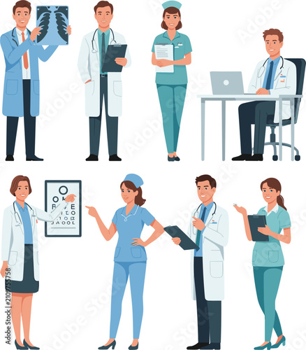 Medical staff characters vector collection, doctors and nurses in flat design hospital team illustration