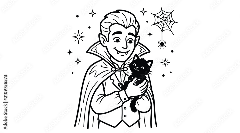 Fototapeta premium Young vampire boy holding adorable fluffy black kitten in his arms with spider web and stars background simple outline coloring page for toddlers