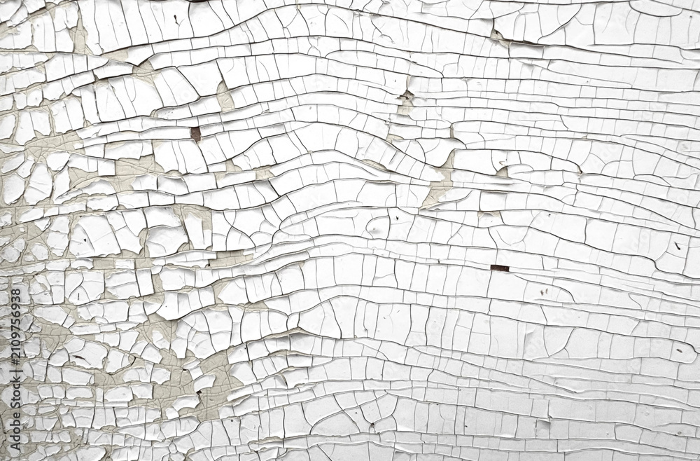 Fototapeta premium White cracked Paint Surface with curling peeling layers, exposed beige base and fine grey lines. Abstract distressed grunge Texture Background with fractured pattern and closeup detail.