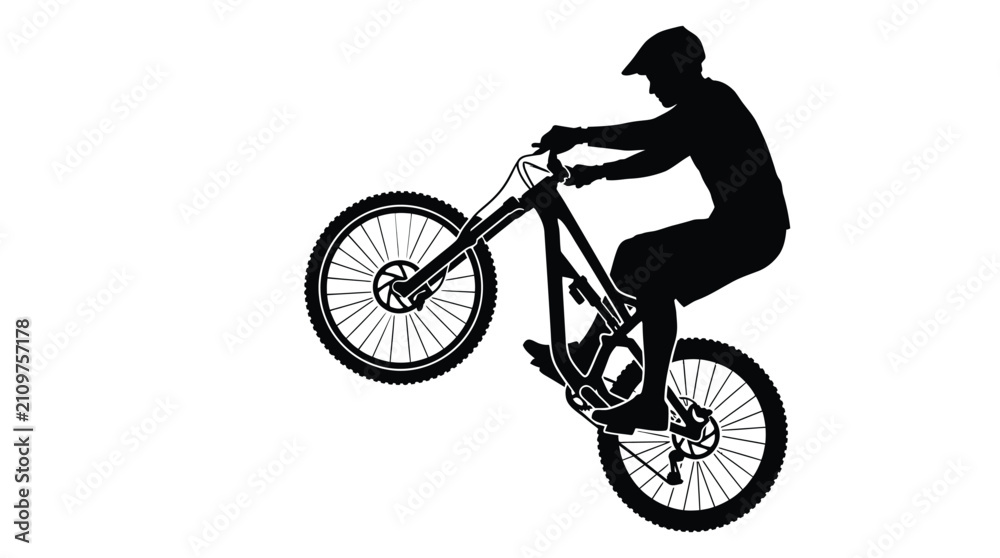 Obraz premium Minimalist black vector illustration showing a mountain biker performing a high wheelie on white background