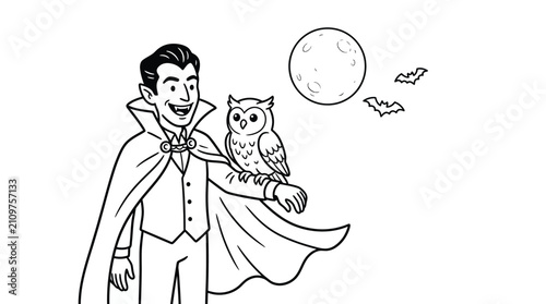 Friendly vampire holding wise owl under full moon for halloween coloring page activity for kids featuring cute cartoon character style line art illustration