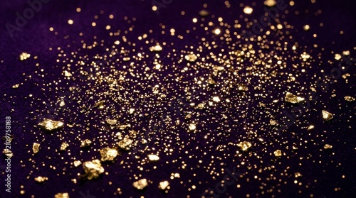 Scattered Golden Glitter Particles and Shimmering Fragments Against a Deep Purple Velvet Texture Background
