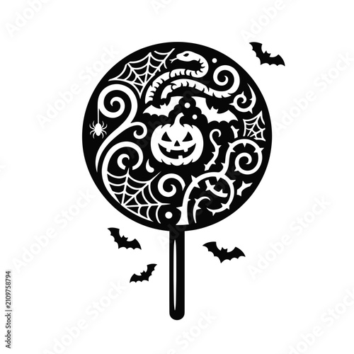 Gothic Halloween lollipop black silhouette paper cut art on transparent background  